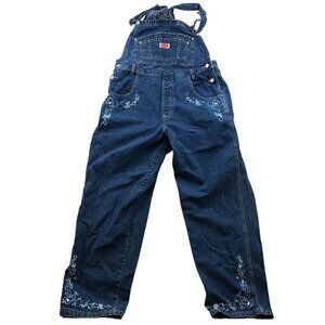 Revolt Womens Denim Bib Overalls Size 16 Embroidered Floral Straight Casual Blue